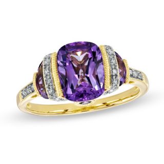 Cushion Cut Amethyst and Diamond Accent Ring in Sterling Silver with