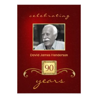 90th Birthday Invitations   Monogram Red & Gold