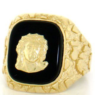10K Solid Yellow Gold Nugget Onyx Jesus Mens Ring: Jewelry
