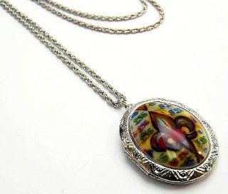 Trendy Large Multi Colored Fleur De Lis Oval Locket Charm Necklace on LONG 30" Rope Chain Silver Tone Comes Gift Boxed: Jewelry