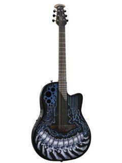 Ovation DJA34 CHB DJ Ashba Celebrity Signature Demented Collection Acoustic Electric Guitar Bundle with Gig Bag, Tuner, Strap, Strings, Picks, and Polishing Cloth   Chrome Bone: Musical Instruments
