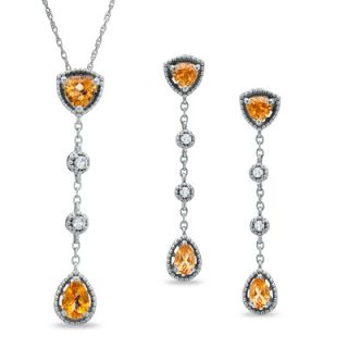 Citrine and Lab Created White Sapphire Stick Pendant and Earrings Set
