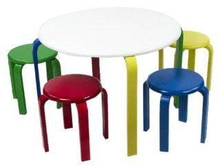 Lipper International 559W Child's Round White Table and 4 Multicolored Stools Set   Childrens Furniture