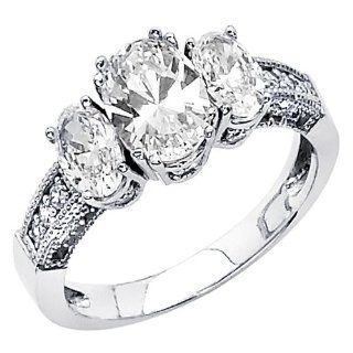 14K White Gold High Polish Finish Oval cut 2.60 CTW Equivalent Three Stone Top Quality Shines CZ Cubic Zirconia Ladies Wedding Engagement Ring Band: The World Jewelry Center: Jewelry