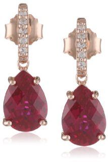 Sterling Silver Pink Gold Flash Plating Pear Shape Created Ruby with Created White Sapphire Earrings Jewelry