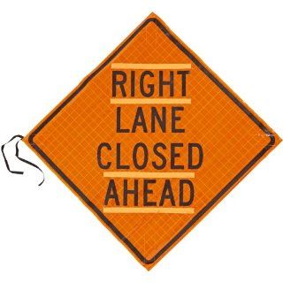 Jackson Safety 17982 Super Bright Reflexite Fluorescent Reflective Roll Up Sign, Legend "Right Lane Closed Ahead", 48" Length, Orange Industrial Warning Signs