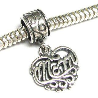 .925 Sterling Silver Heart Love Mom Dangle Bead Charm For European Charm Bracelets: Jewelry