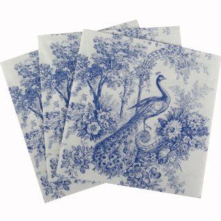 Paperproducts Design 1251039 Blue and White Toile Peacock Paper Beverage/Cocktail Napkin, 5 by 5 Inch: Kitchen & Dining