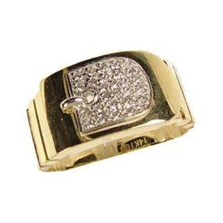 14k Yellow Gold, Fancy Belt Buckle Design Dressy Ring with Sparkly Created Gems: Jewelry