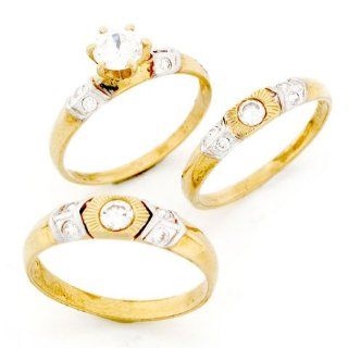 10k Gold His & Hers Matching CZ 3 Trio Wedding Ring Set: Jewelry