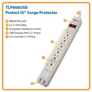 TRIPP LITE TLP606USB Surge Protector Strip Dual 2.1amp total USB Charging ports 6 Outlet 6 Foot Cord 990 Joule 120V: Electronics