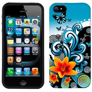 Apple iPhone 5s Yellow Lily with Butterflies on Blue and Black Phone Case Cover: Cell Phones & Accessories