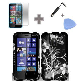 Zizo (TM) Rubberized Black White Silver Vine Flowers Snap on Design Case Hard Case Skin Cover Faceplate with Screen Protector, Case Opener and Stylus Pen for Nokia Lumia 620: Cell Phones & Accessories