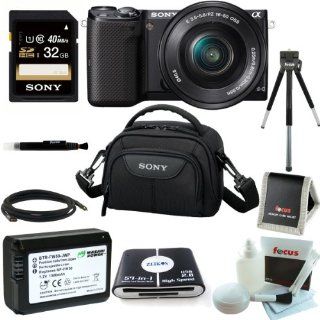 Sony NEX5T, NEX 5TL/B 16 MP Compact Interchangeable Lens Digital Camera Kit with 16 50mm Power Zoom Lens with NFC and Wifi sharing (Black) + Additional Wasabi NPFW50 Power Battery + Sony 32GB SD card + Sony Camcorder Case + Cleaning kit and Bundle : Digita