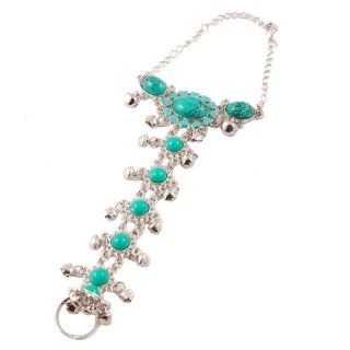 Woman Turquoise Green Beads Silver Tone Chain Ring Bracelet: Jewelry