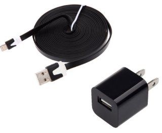 PractiCellular[TM]3M Flat Extra Long Data Charger Sync Cable Wire 8 Pin to USB For iPhone 5 5S 5G 10 FT Ten Feet Foot Noodle 3 Meter Color Home Wall Adapter House Plug (Black, Blue, Pink, Purple, Red, White) (Black) Cell Phones & Accessories