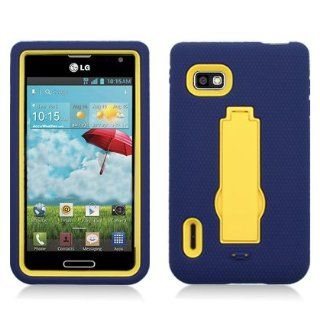 For LG Optimus F3/MS659 (T Mobile/MetroPcs) Layer Case, 3 in 1 w/Black Stand Navy Blue Skin+Yellow Cover: Cell Phones & Accessories