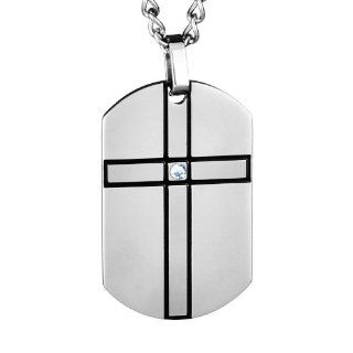 Crucible Men's Stainless Steel Cross Dog Tag with CZ Pendant Necklace   24 Inch Curb Chain: Pendant Necklaces: Jewelry