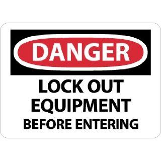 NMC D664PB OSHA Sign, Legend "DANGER   LOCK OUT EQUIPMENT BEFORE ENTERING", 14" Length x 10" Height, Pressure Sensitive Vinyl, Black/Red on White Industrial Warning Signs