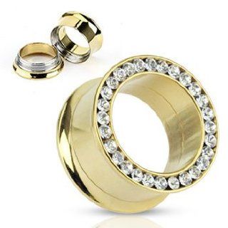 14K Gold Plated Threaded Tunnels With Jeweled Rim, Gauge:0: Body Piercing Tunnels: Jewelry
