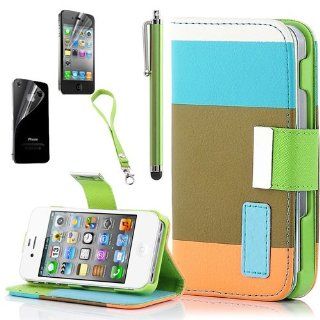 Blue Colorful Pu Leathe Rwrist Wallet Magnet Design Flip Case Cover for Iphone 4 4s with Screen Protector+ Stylus: Cell Phones & Accessories