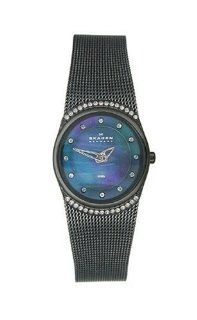 Skagen Women's 686XSBBM Crystal Accented Mother of Pearl Black Mesh Watch: Skagen: Watches