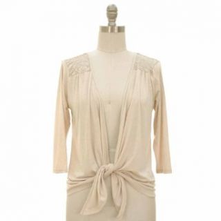 Luxury Divas Light Beige 3/4 Long Sleeve Cardigan Shrug With Lace Shoulders
