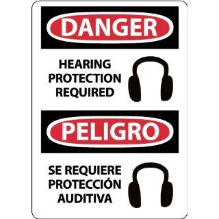 NMC ESD690RB Bilingual OSHA Sign, Legend "DANGER   HEARING PROTECTION REQUIRED" with Graphic, 10" Length x 14" Height, Rigid Plastic, Black/Red on White: Industrial Warning Signs: Industrial & Scientific