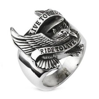 10MM Polished Stainless Steel Biker Ring With Eagle and "LIVE TO RIDE, RIDE TO LIVE" Engraved in front Mens Biker Rings Jewelry