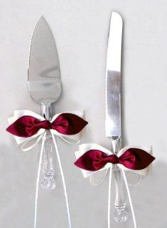 Red Satin Bow White Ribbon Cake Knife and Server Set for Wedding or Ceremony: Kitchen & Dining