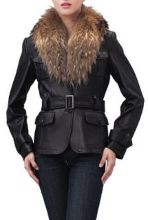 Jessie G. Women's Belted Lambskin Leather Jacket with Raccoon Fur Collar at  Womens Clothing store