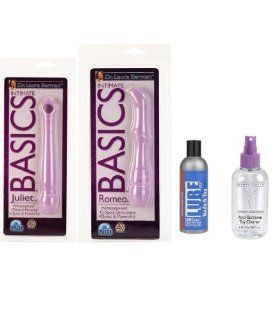 Cal Exotics Dr. Laura Berman Romeo and Juliet Kit 2 Intimate Basics Romeo G spot Stimulator and Juliet Clitoral Encaser Plus 50ml Bottle LUBExxx Body & Toy Lube 100% Condom Safe Silicone & Water Blend Lubricant and Berman Center Anti Bacterial Toy