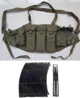 Chinese Military Genuine Surplus AK47 AK 47 Rifle Vintage Green 7.62x39 Seven 7 Pocket Chest Pouch Rig Bandoleer Bandolier For Cartridge Ammo Ammunition Mags Type 56 + Ultimate Arms Gear Tactical 10 Round Steel Stripper Clips Clip For SKS Yugo AK47 AK 47 W