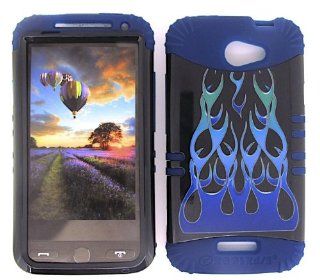 For Htc One X S720e Blue Wild Flame Heavy Duty Case + Dark Blue Rubber Skin Accessories Cell Phones & Accessories