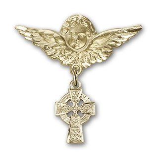 14kt Gold Baby Badge with Celtic Cross Charm and Angel w/Wings Badge Pin: Jewelry