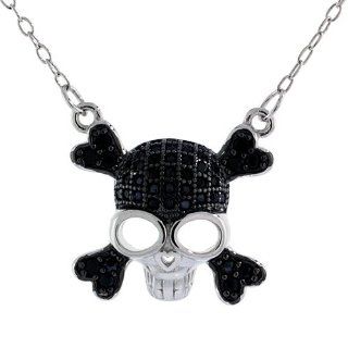 Sterling Silver Black & White CZ Skull & Crossbones Necklace Micro Pave 5/8 inch Pendants Jewelry