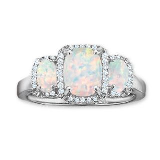 Cushion Cut Lab Created Opal Three Stone Ring with Diamond Accents in