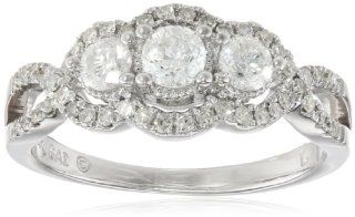 14k White Gold 3/4 cttw 3 Stone Halo Diamond Engagement Ring, Size 7: Jewelry