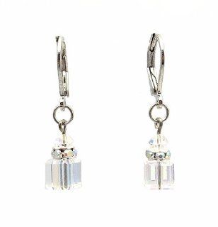 Earrings   E253   Austrian Crystal Cube on Leverbacks ~ Clear AB Irridescent: Dangle Earrings: Jewelry