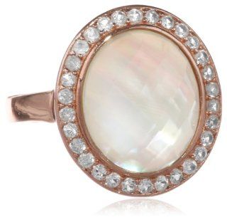 14k Rose Gold Plated Sterling Silver and Mother of Pearl Glass Ring, Size 7: Jewelry