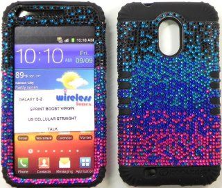 Heavy duty double impact hybrid Cover case Multi color Bling hard snap on over Black soft silicone with Touch Pen, Zebra Earpiece, Winder and multi fiber cleaning cloth for SAMSUNG S2 Galaxy EPIC 4G TOUCH D710 R760 for SPRINT/BOOST MOBILE/VIRGIN MOBILE/US 