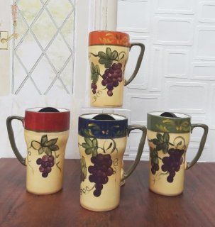 Set of 4 Hand Painted Colorful Grapes Ceramic Travel Coffee Mugs w/Lid 6 1/4"H, 84098 by ACK: Kitchen & Dining