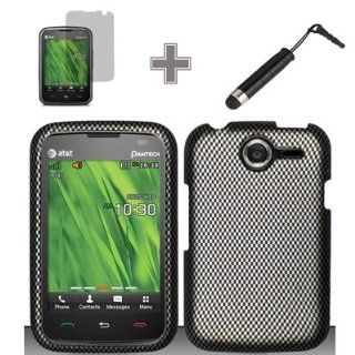 Rubberized Black Grey Carbon Fiber Check Snap on Design Case Hard Case Skin Cover Faceplate with Screen Protector and Stylus Pen for Pantech Renue P6030   AT&T: Cell Phones & Accessories