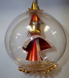 West German Mouth blown Glass Round Ball Christmas Ornament with Santa Inside  