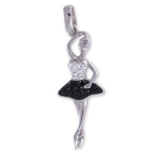 Ballerina Dancing Black & White Crystal Charm Pendant Sterling Silver Jewelry