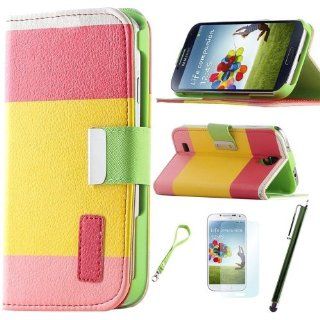 Able Colorful PU Leather Wallet Type Magnet Design Flip Case Cover with Credit Card/ID holders for Samsung Galaxy S4 Galaxy SIV i9500 + Screen Protector + Stylus(Red+Yellow+Pink) with Auto Wake/Sleep Smart Cover Function: Cell Phones & Accessories