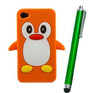 Cute ORANGE Penguin SOFT SILICONE RUBBER GEL Case Cover Skin For APPLE iPhone 4 with green stylus pen: Cell Phones & Accessories