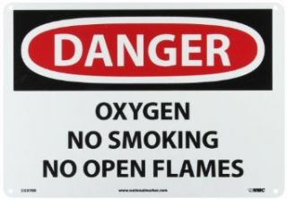 NMC D597RB OSHA Sign, Legend "DANGER   OXYGEN NO SMOKING NO OPEN FLAMES", 14" Length x 10" Height, Rigid Plastic, Black/Red on White