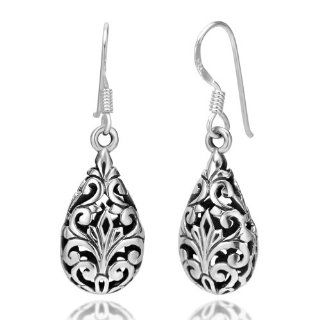 925 Oxidized Sterling Silver Bali Inspired Filigree Puffed Teardrop Dangle Hook Women Earrings 1.26'' Jewelry