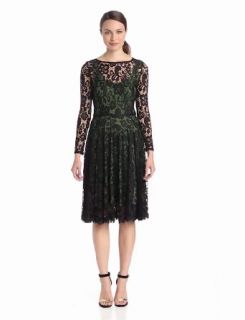 Isaac Mizrahi Women's Long Sleeve Lace Dress with Color Lining, Black/Green, 14